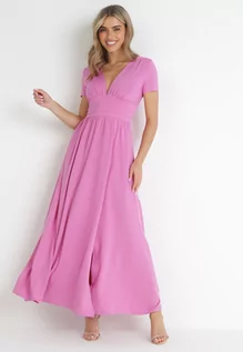Sukienki - Różowa Rozkloszowana Sukienka Maxi z Głębokim Dekoltem z Rozcięciem Wyla - grafika 1