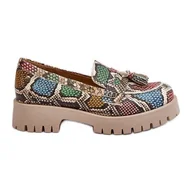 Mokasyny damskie - Damskie Skórzane Półbuty Frędzle Maciejka 05497-45 Multikolor beżowy - miniaturka - grafika 1