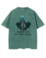 Koszulki i topy damskie - Damska koszulka oversize efekt sprania Szkielet Panna Młoda Zielona L - miniaturka - grafika 1