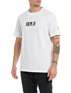 Koszulki męskie - Replay Męski T-shirt z krótkim rękawem, okrągły dekolt, logo, Biały 001, 3XL - miniaturka - grafika 1