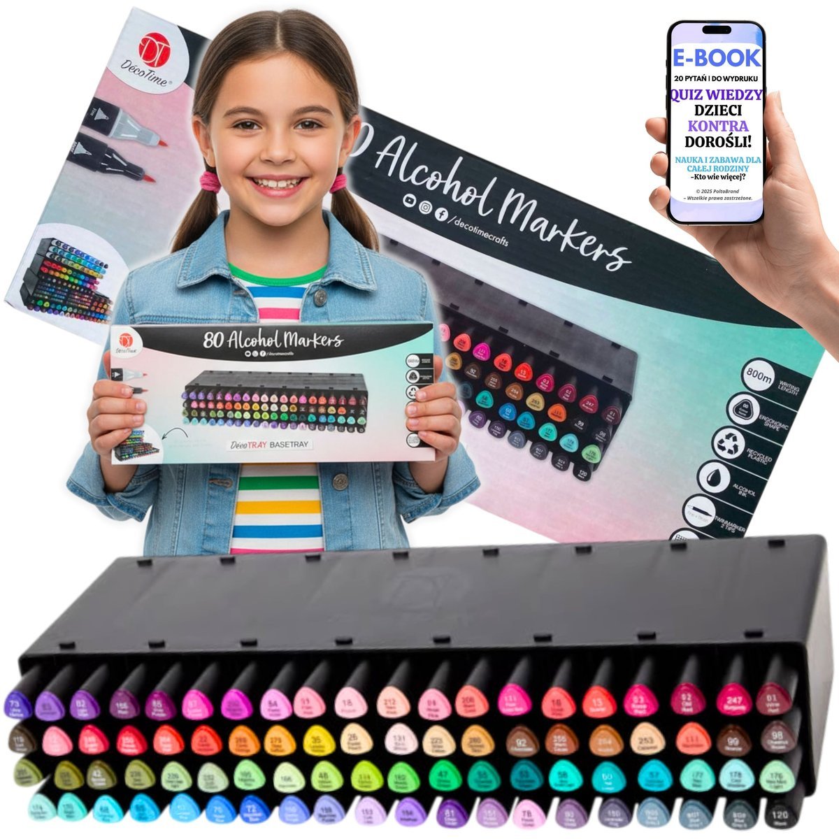 MARKERY DLA DZIECI 8+ I DOROSŁYCH ALKOHOLOWE PODÓWJNE Zestaw Markerów DécoTime 80 kolorów – KreatywnY Prezent Dla Dziecka Wnuczki Wnuczka + EBOOK-2