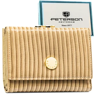 Portfel damski z zapięciem na bigiel i zatrzask PETERSON rfid stop mały elegancki lakierowany skóra naturalna i ekologiczna beżowy rozbudowany na ka.. - Portfele - miniaturka - grafika 1