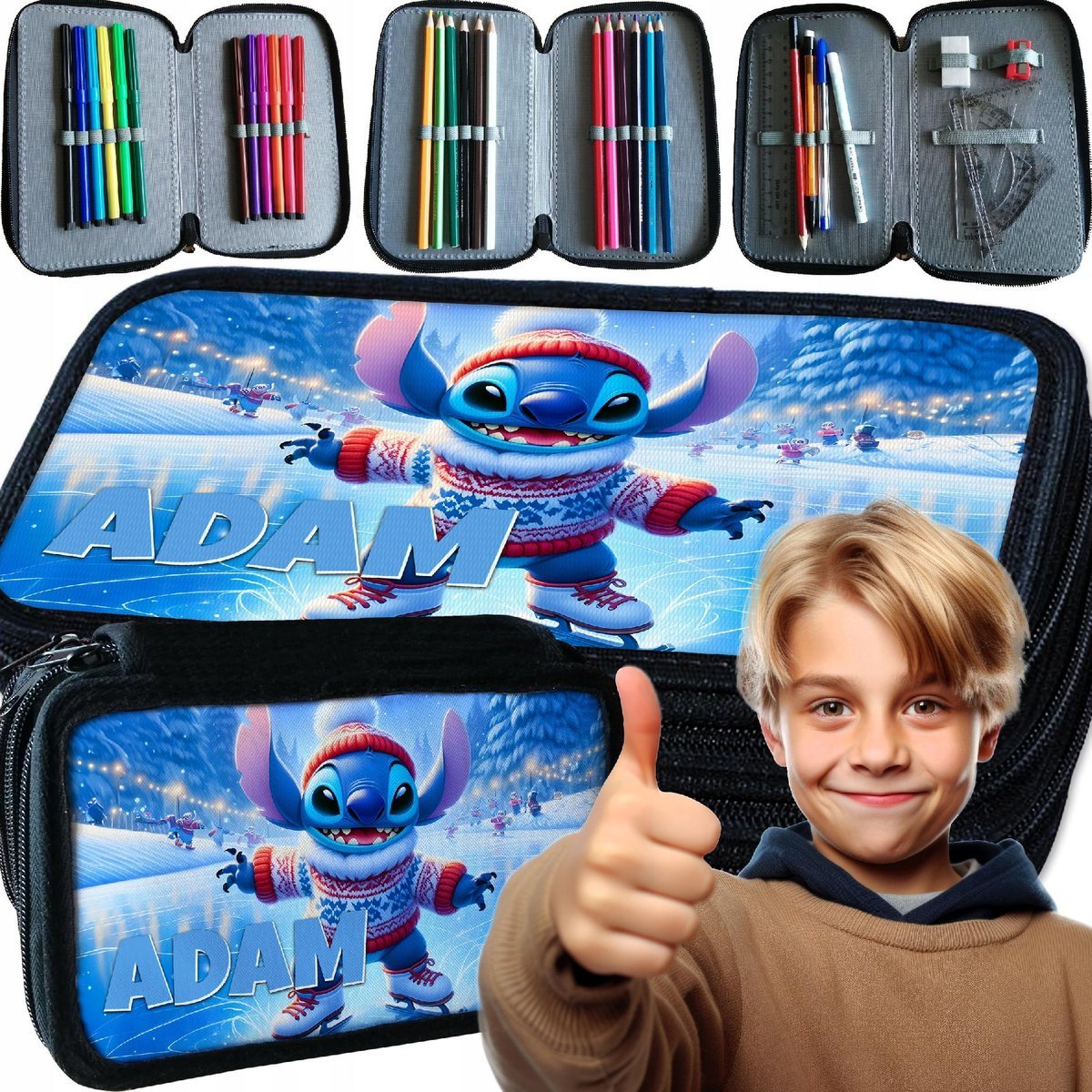 PIÓRNIK SZKOLNY Z WYPOSAŻENIEM STICH STITCH ŁYŻWY IMIĘ MIKOŁAJ PREZENT IMIĘ