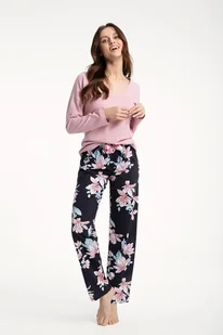Piżama Damska Luna Kod 614 Pudrowy Róż / Granatowe Spodnie W Kwiaty Magnolii  Xl - Piżamy damskie - miniaturka - grafika 1