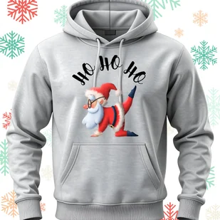 Bluza uniwersalna typu kangurka z kapturem Ho Ho Ho Mikołaj rozmiar S jasnoszara świąteczna - Bluzy męskie - miniaturka - grafika 1