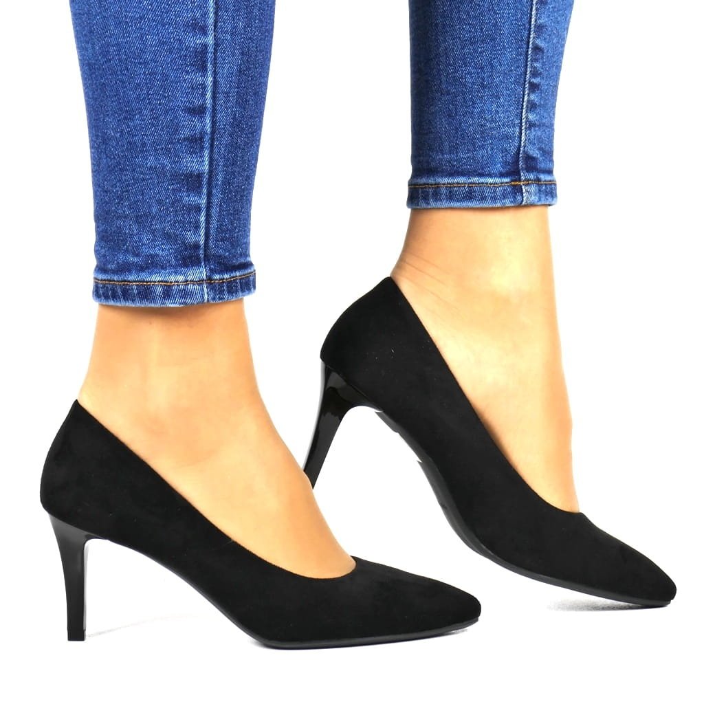 DAMSKIE CZÓŁENKA SZPILKI NA NISKIM OBCASIE SERGIO LEONE 1336 CZARNY ZAMSZ