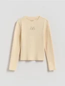 Bluzki dla dziewczynek - Reserved - Prążkowana bluzka z aplikacją - kremowy - miniaturka - grafika 1