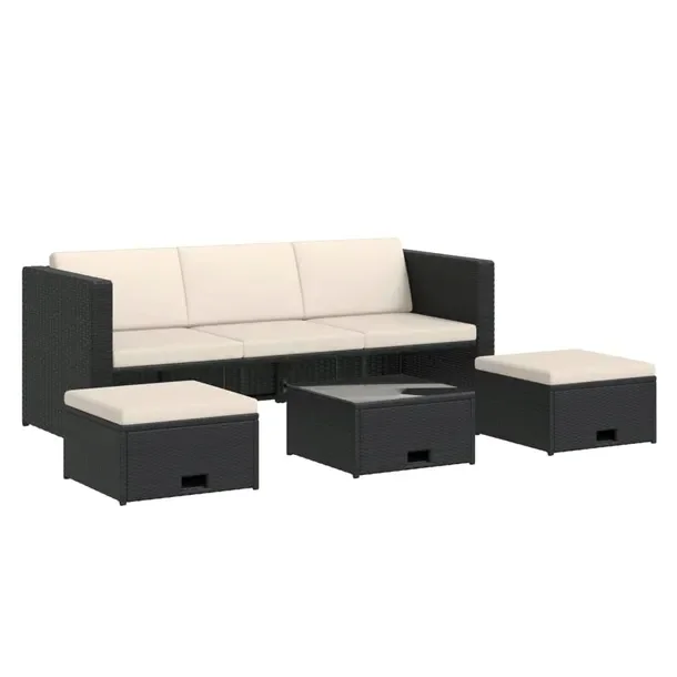 Zestaw rattanowych mebli ogrodowych czarny z kremowymi poduszkami 190x75x65