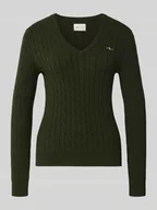 Swetry damskie - Sweter z dzianiny z dekoltem w serek i wyhaftowanym logo - miniaturka - grafika 1