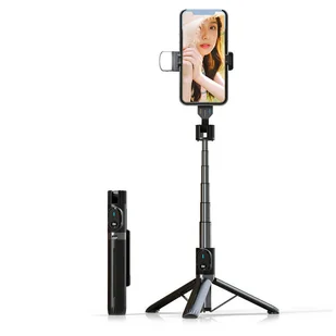 UCHWYT SELFIE - z odpinanym pilotem bluetooth, tripodem i lampą LED - P90D CZARNY - Selfie stick - miniaturka - grafika 1