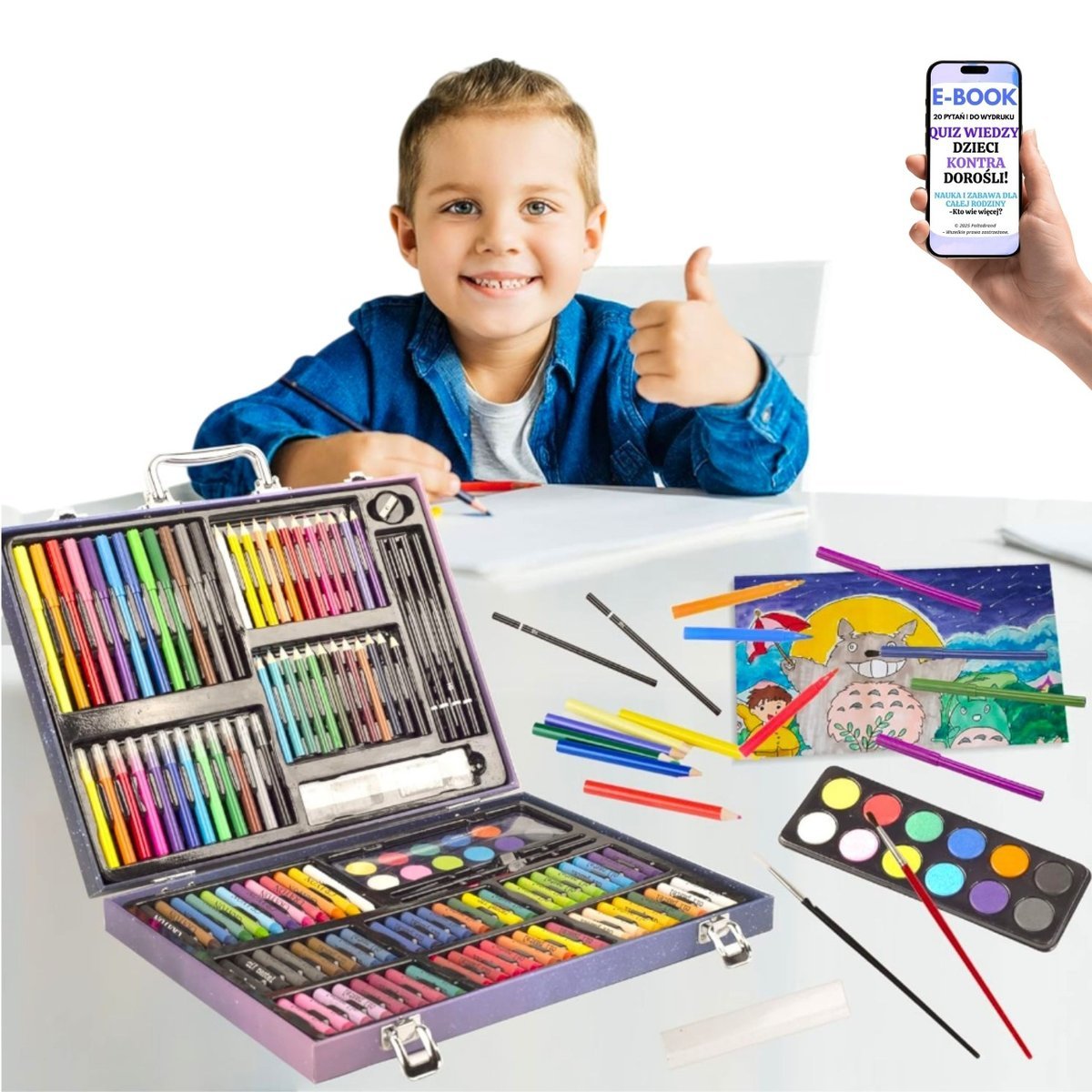 Komplet Artystyczny w Drewnianej Walizce 150 el. – Idealny Zestaw do Rysowania i Malowania dla Dziecka – Zestaw Kreatywny z Farbkami i Kredkami + EB..
