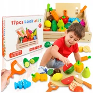 Zabawy w naśladowanie dorosłych - DREWNIANE WARZYWA I OWOCE DO KROJENIA W SKRZYNCE NA MAGNES DLA DZIECI - miniaturka - grafika 1