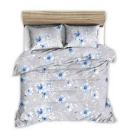 Pościel - Pościel z kory 180x200 szara duże niebieskie rysowane kwiaty - miniaturka - grafika 1