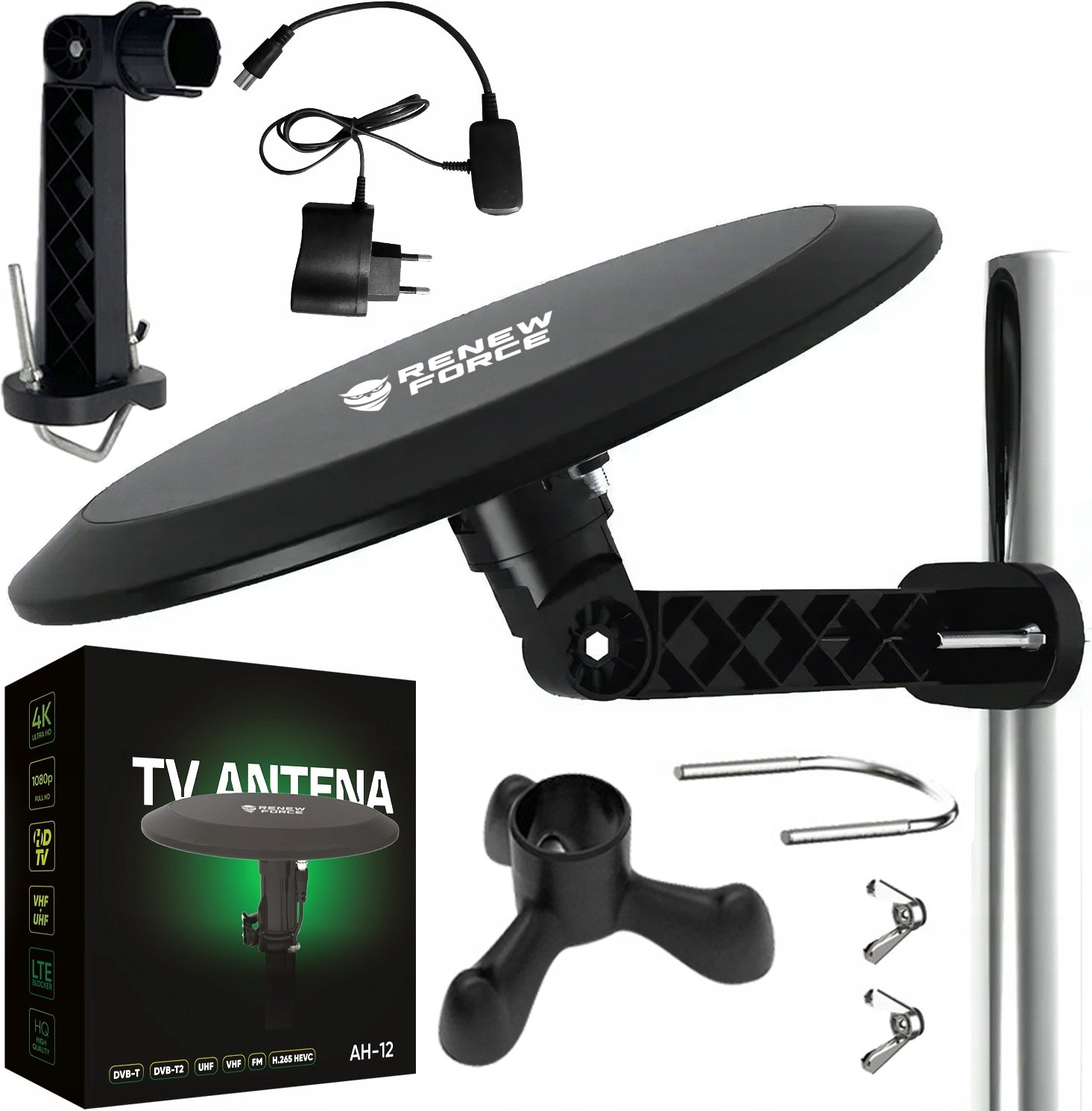 Antena Zewnętrzna Aktywna DVB-T2 do TV Dookólna FHD 4K MUX-8 LTE Wzmacniacz AH-12