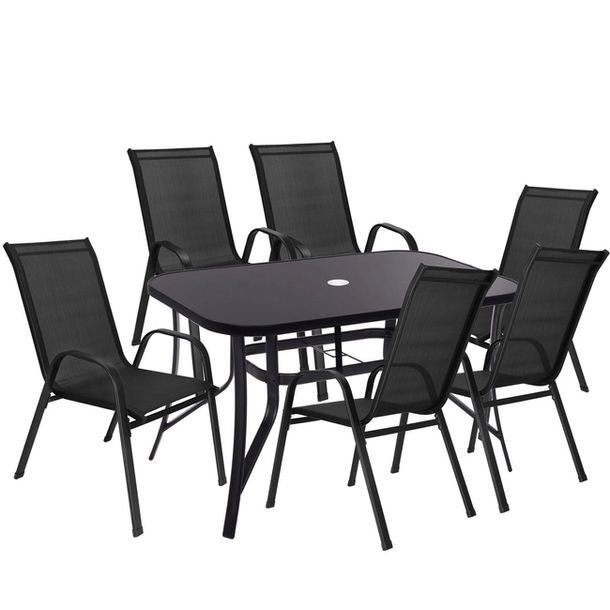 Springos Meble ogrodowe metalowe zestaw stół 150 cm szkło hartowane i 6 krzeseł