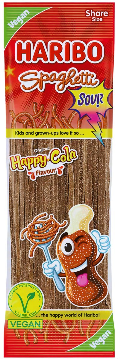 Żelki Haribo Spaghetti Sour Happy Cola 200g - kwaśne sznurki o smaku coli