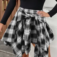 Spódnice - TEMU Spódnica w kratę w stylu Y2K, streetwear, ze sznurkiem w pasie Sznurowane detale, krótka spódnica damska, idealna na wiosnę//jesień - miniaturka - grafika 1