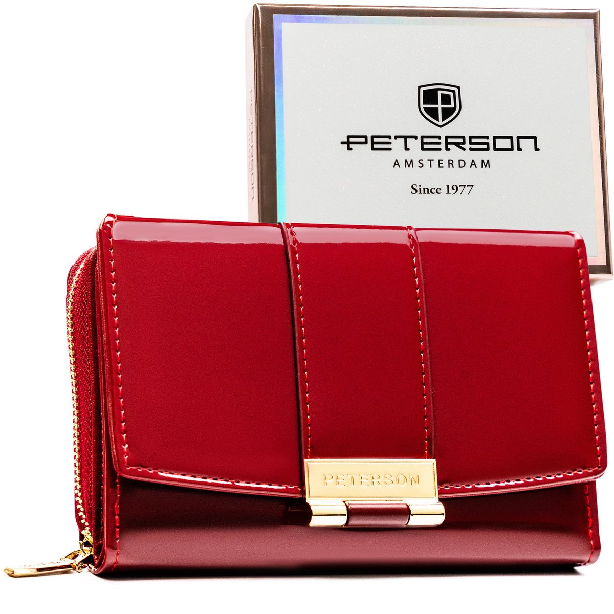 Modny portfel damski PETERSON lakierowany mały złote okucia RFID rozbudowany na karty zatrzask i suwak elegancki burgundowy