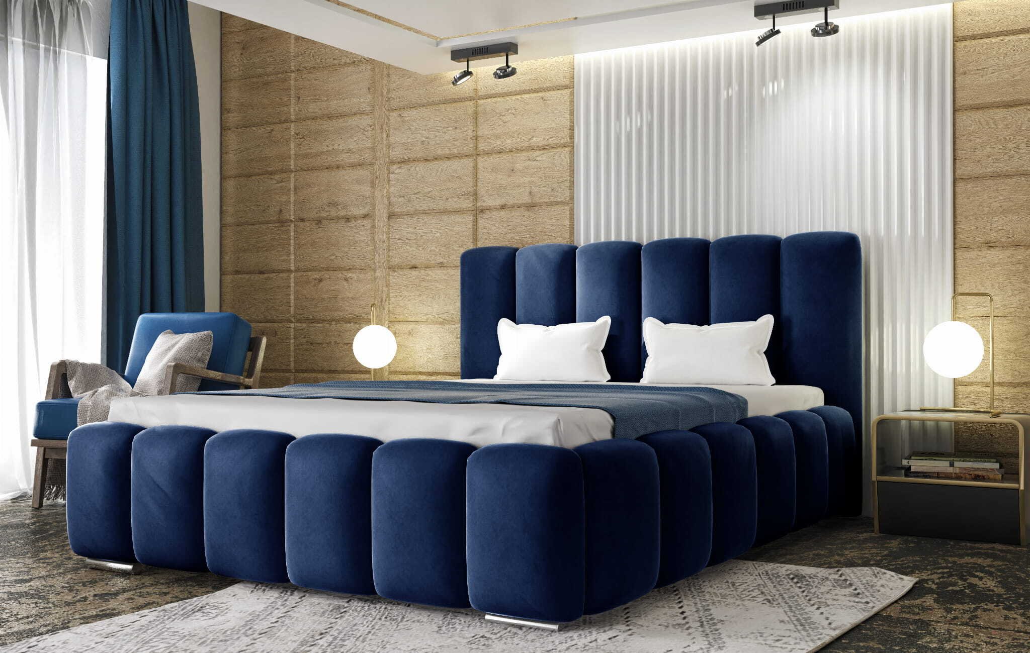 Łóżko tapicerowane AGMAT BALI z wezgłowiem, 140 x 200 cm, łóżko podwójne z podstawą łóżka i metalową ramą z listew, tkanina welurowa: niebieski