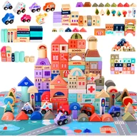 Klocki - Klocki Miasto Drewniane Auta Zestaw + Puzzle Mata 115 Klocków Edukacyjne KRUZZEL - miniaturka - grafika 1