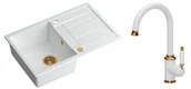 Zlewozmywaki z baterią - Quadron Zlewozmywak granitowy jednokomorowy 78*50*22 cm z ociekaczem MORGAN 111 SNOW WHITE z miedzianym odpływem z baterią RACHEL Q LINE SNOW WHITE kolor biały mat/wykończenie miedź - miniaturka - grafika 1
