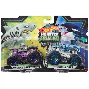 Hot Wheels Zestaw pojazdów Monster Trucks 2-pak Shark Wreak Undead Great White kontra Town Hauler Mecha Orka Mattel - Samochody i pojazdy dla dzieci - miniaturka - grafika 2