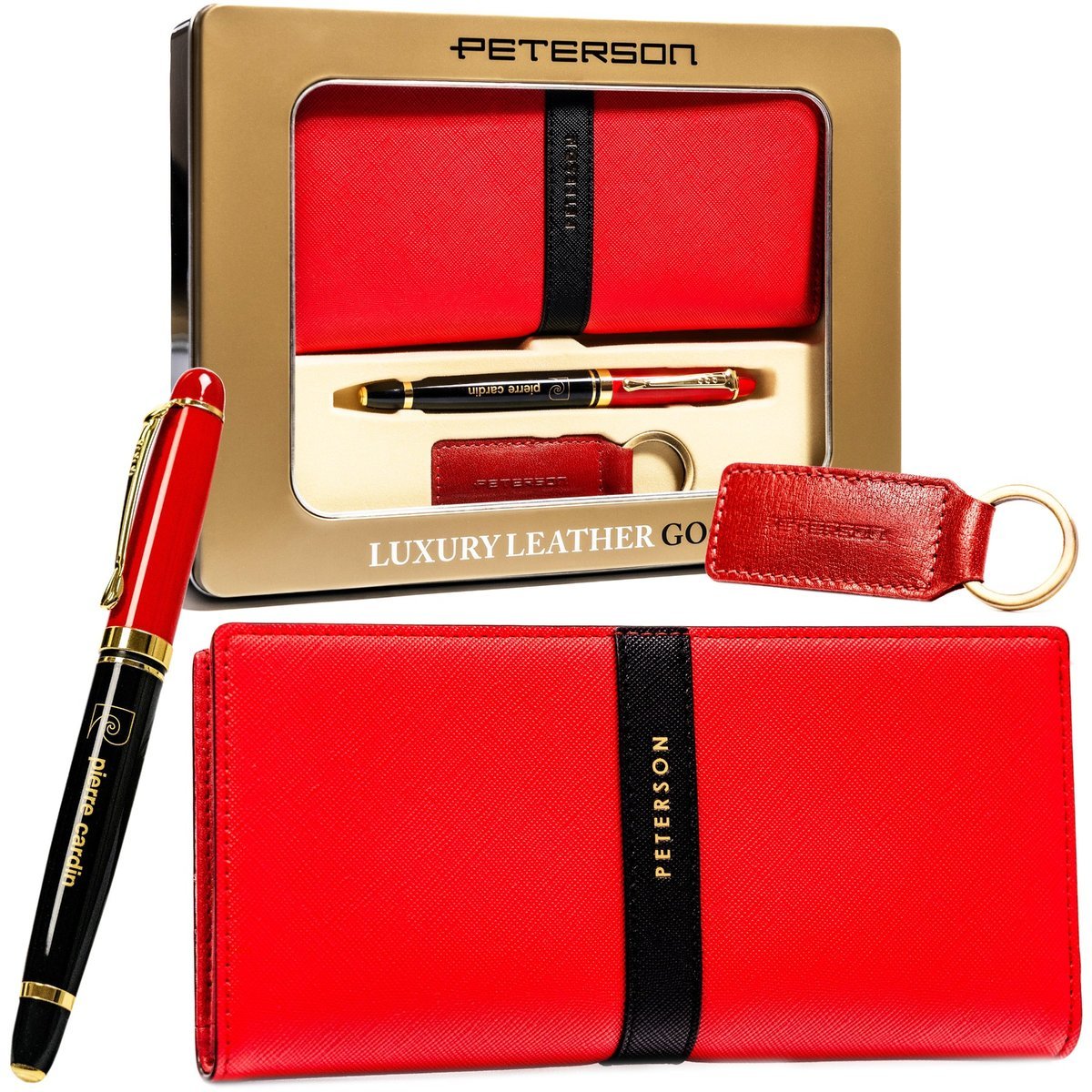 PETERSON Zestaw portfel damski długopis brelok portfel damski średni czerwony na zatrzask i suwak elegancki prezent ochrona RFID