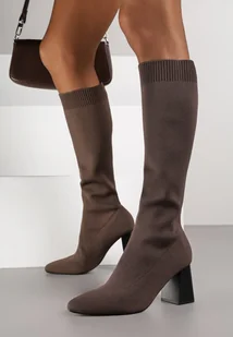 Brązowe Eleganckie Kozaki VICES na Słupku ze Skarpetkową Cholewką Mialles - Kozaki damskie - miniaturka - grafika 1