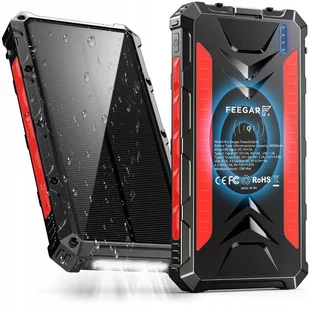 Feegar Powerbank solarny z ładowaniem Qi Power Solar36, 20W, 1x USB-C/1x MicroUSB/ 2x USB-A, PD, 36000 mAh, czarno czerwony - Powerbanki - miniaturka - grafika 1