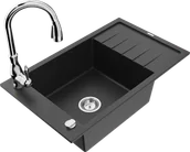Zlewozmywaki z baterią - Mexen Elias zlewozmywak granitowy 1-komorowy z ociekaczem i baterią kuchenną Savita, czarny/srebrny metalik- 6511-73-672601-00 - miniaturka - grafika 1