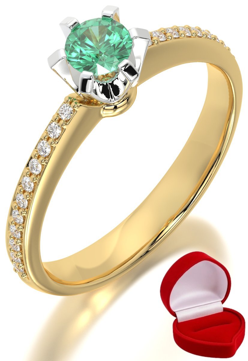 ZŁOTY PIERŚCIONEK ZARĘCZYNOWY 585 14k SZMARAGD 0,19 ct + PUDEŁKO R10