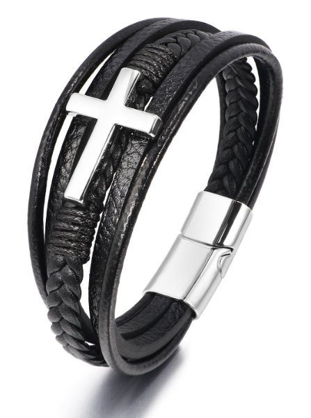 Skórzana bransoleta plecionka z srebrnym krzyżem 21cm