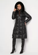 Kurtki damskie - Czarna Pikowana Kurtka za Kolano z Kapturem i Futerkiem Naelora - miniaturka - grafika 1