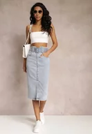 Spódnice - Jasnoniebieska Jeansowa Spódnica Ołówkowa Midi z Guzikami i Rozcięciem Jackiesa - miniaturka - grafika 1