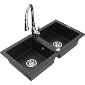 Zlewozmywaki z baterią - Mexen Mario zlewozmywak granitowy 2-komorowy z baterią kuchenną Savita, czarny/złoty metalik - miniaturka - grafika 1