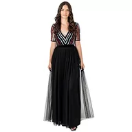 Sukienki - Maya Deluxe Maxi Damska Sukienka Panie Ball Gown na wesele Guest Long V Neck Empire Waist Short Sleeve Prom Mesh Black Sukienka Formalna Damska, Czarny, 6 - miniaturka - grafika 1