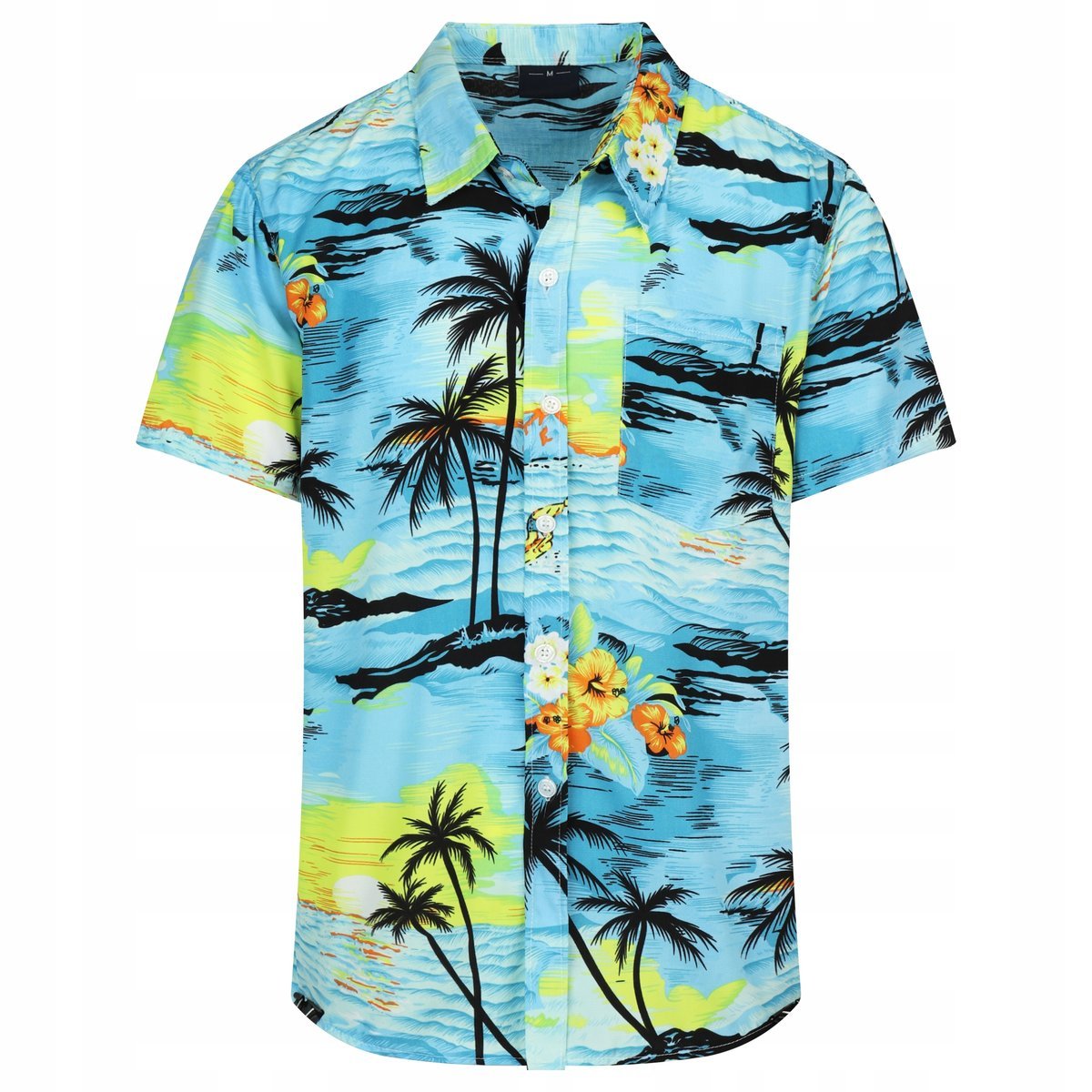 KOSZULA MĘSKA HAWAJSKA W PALMY KWIATY PLAŻA MORZE C1 BŁĘKITNA - XXXL