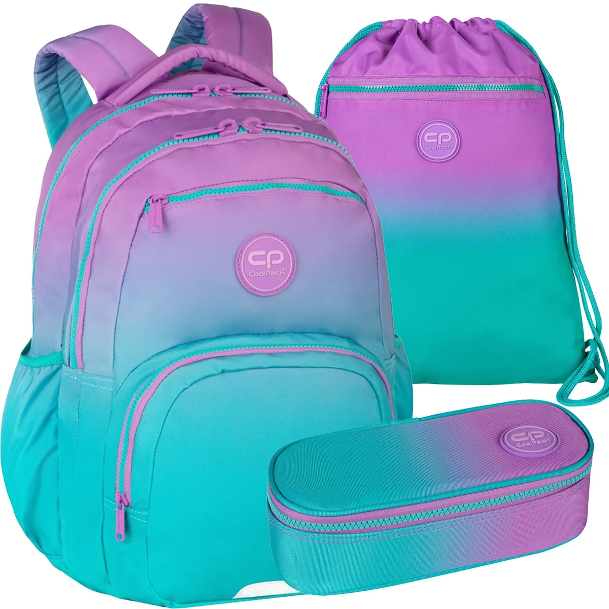 Zestaw 3-elementowy do klasy 4-8 plecak piórnik worek Coolpack fiolet turkus