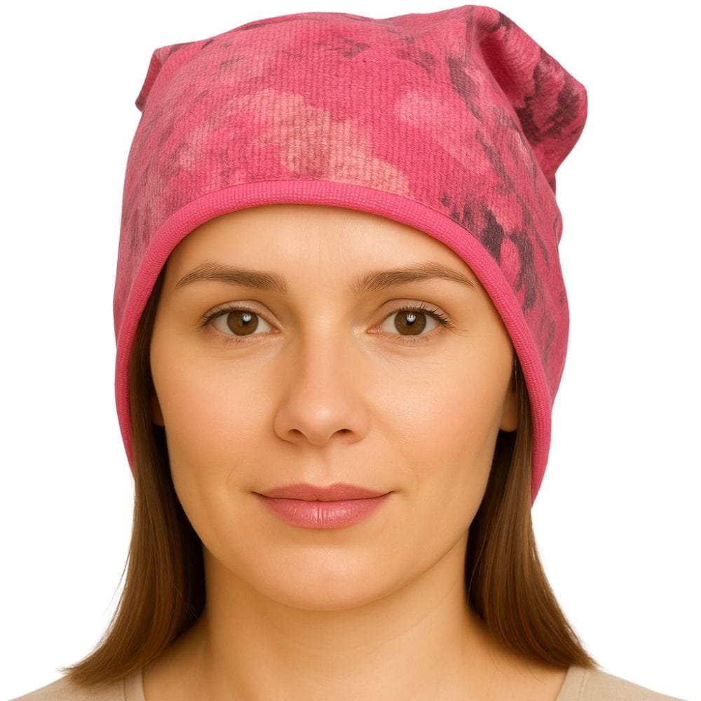 Czapka Damska Beanie Włoska Cienka Smerfetka Różowa W Kolorowe Kwiaty