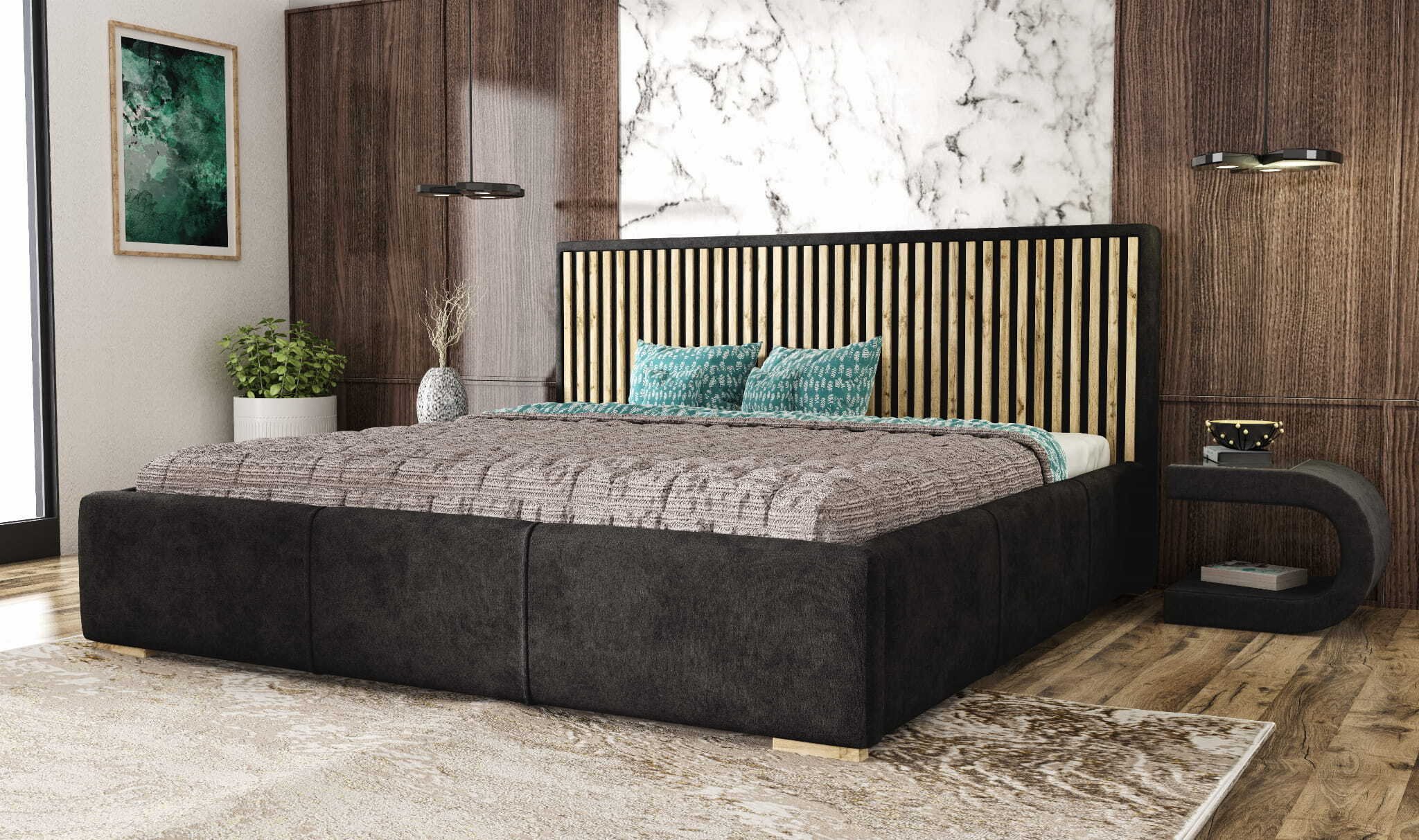 Łóżko tapicerowane AGMAT WOOD z wezgłowiem, 160 x 200 cm, łóżko podwójne z podstawą łóżka i metalową ramą z listew, tkanina welurowa: czarna
