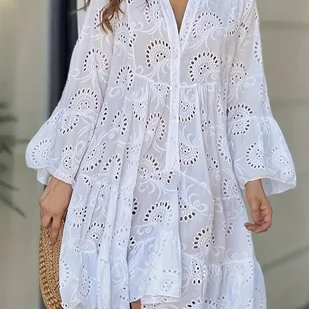 TEMU Damska sukienka casualowa z dekoltem w kształcie litery V i długim rękawem z detalem koronkowym - biała, luźna, w kształcie litery A, idealna na - Sukienki - miniaturka - grafika 1