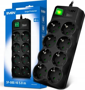 Listwa przeciwprzepięciowa SVEN SF-08E-16 1,8 m 8 gniazd czarna - Listwy zasilające - miniaturka - grafika 1