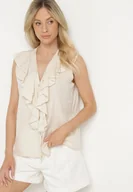 Koszule damskie - Jasnobeżowa Koszula Bez Rękawów z Wiskozą z Dekoltem w Serek i Falbaną Arlimi - miniaturka - grafika 1