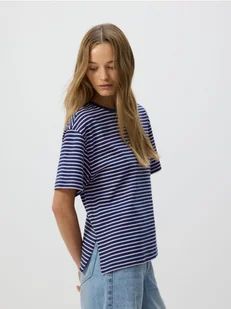Reserved - Bawełniany t-shirt w paski - granatowy - Koszulki i topy damskie - miniaturka - grafika 1
