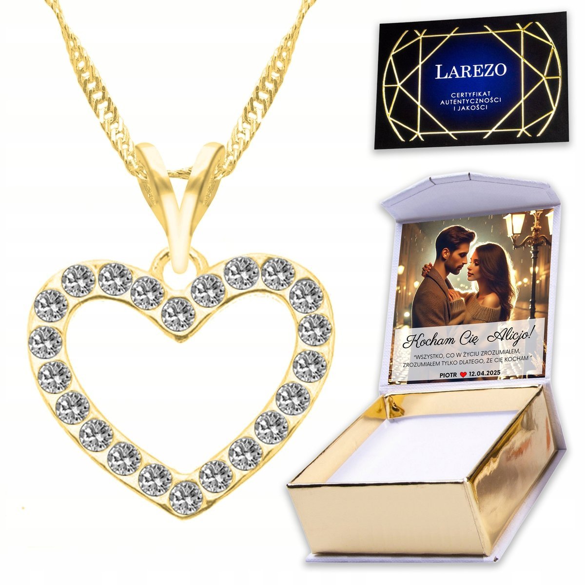 Złoty Naszyjnik 925 z Sercem Cyrkonie Serduszko Heart Serce Love + NADRUK