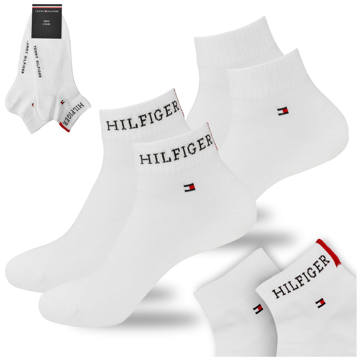 TOMMY HILFIGER Skarpety Męskie Za Kostkę Bawełna Logo BIAŁE 2P Roz. 43/46