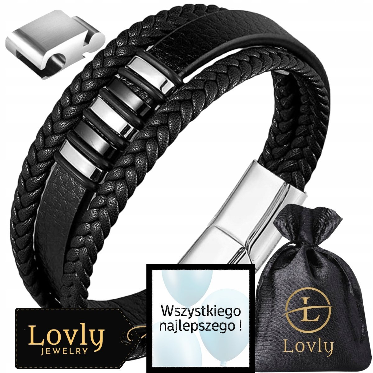 Skórzana Bransoletka Męska Elegancka Stal Nierdzewna Regulowana 23,5-24,5Cm