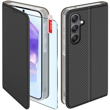 Etui z klapką do Samsung A55 5G Zamykane Czarne Futerał Szkło 9H