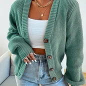 Swetry damskie - TEMU Damski Sweter Kardigan z Długim Rękawem, Prosty, Luźny, z Dekoltem w Serek, Jednokolorowy, na Jesień i Zimę - miniaturka - grafika 1