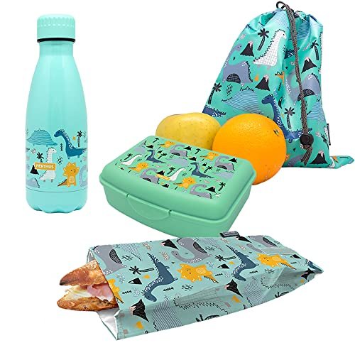 NERTHUS FIH 1037 ZESTAW Dwuścienna butelka ze stali nierdzewnej + pudełko na lunch + torba na przekąski + plecak dinozaury